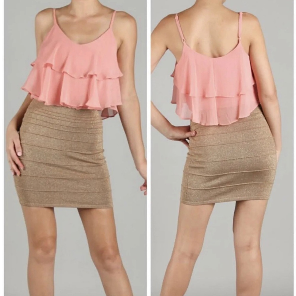 Women’s Pink / Sand Shimmer Dress Bodycon Fitted NEW SML